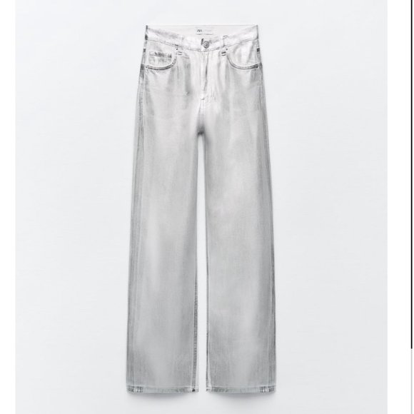 NWT ZARA METALLIC HIGH RISE JEANS WHITE - Picture 2 of 8